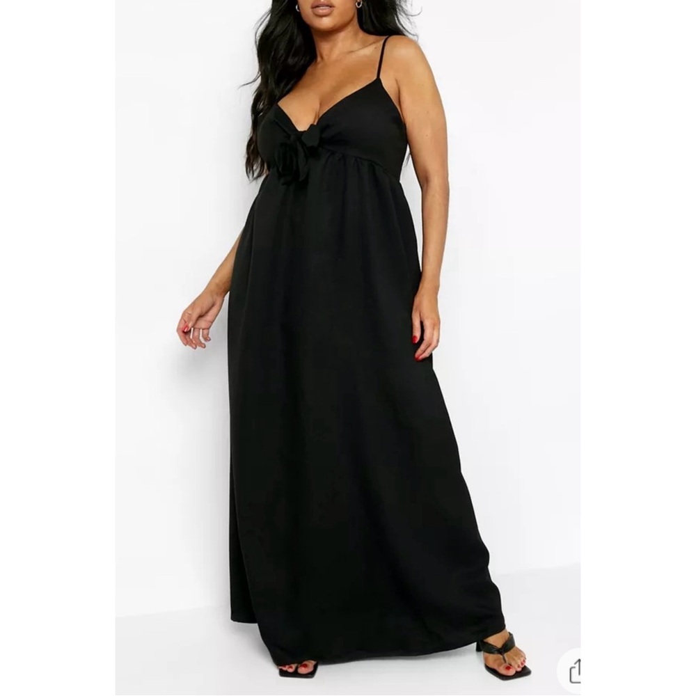 BOOHOO Black Bow Tie Front Strappy Babydoll Plunge Maxi Sun Dress 16